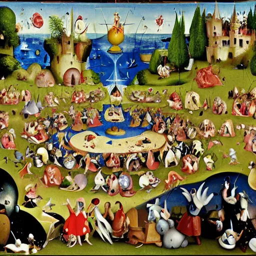 Image similar to donald duck in the garden of earthly delights by hieronymus bosch, hyper detailed, photorealistic.