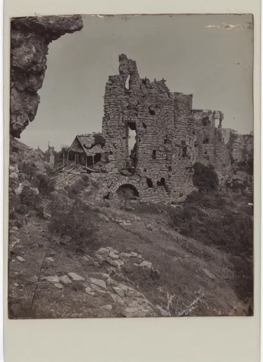 Image similar to Antique photograph of an alsacian castle in ruins atop rock formations, surrounded by forest, chromolithograph, Smithsonian American Art Museum