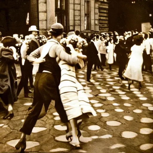 Prompt: people dancing in Berlin during the golden twenties, vibrant colors, happy mood