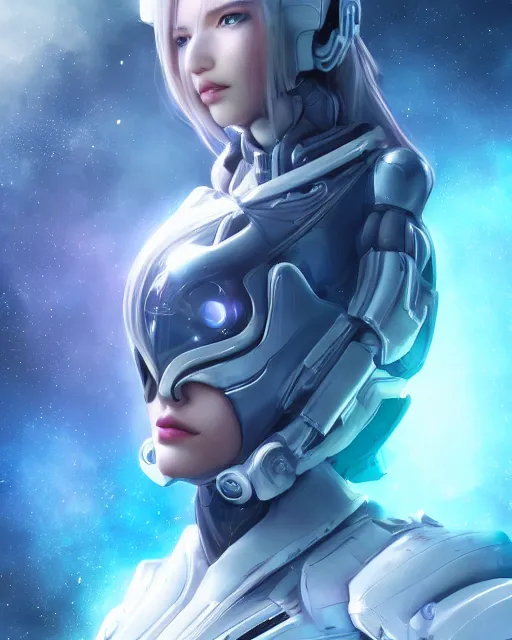 Image similar to perfect android girl on a mothership, warframe armor, beautiful face, scifi, futuristic, galaxy, nebula, bae suzy, dreamy, long white hair!!!, blue cyborg eyes, sharp focus, cinematic lighting, highly detailed, artstation, divine, by gauthier leblanc, kazuya takahashi, huifeng huang