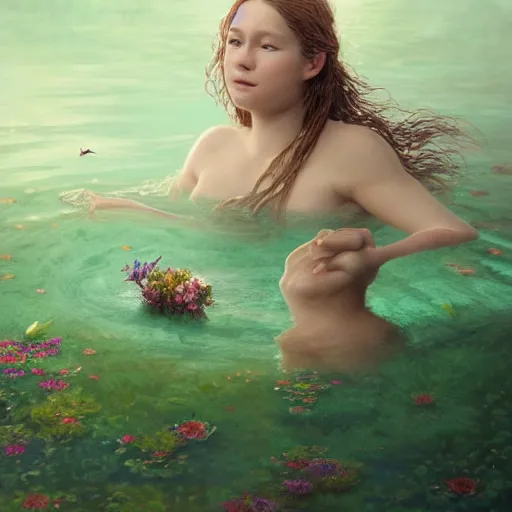 Image similar to epic portrait a female viking swimming in a steamy green lake full of flowers, beauty, pretty face, glossy skin, digital painting, artstation, concept art, soft light, hdri, smooth, sharp focus, illustration, fantasy, intricate, elegant, highly detailed, D&D, matte painting, in the style of Greg Rutkowski and Alphonse Mucha and artemisia, 8k, highly detailed, jurgens, rutkowski, bouguereau, pastoral, rustic, georgic