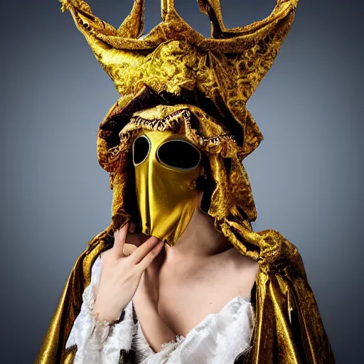 Image similar to full standing figure baroque cultist wearing large occult headpiece, skirt, venice carnival, full face gold Volto mask, mid shot, hyperrealistic