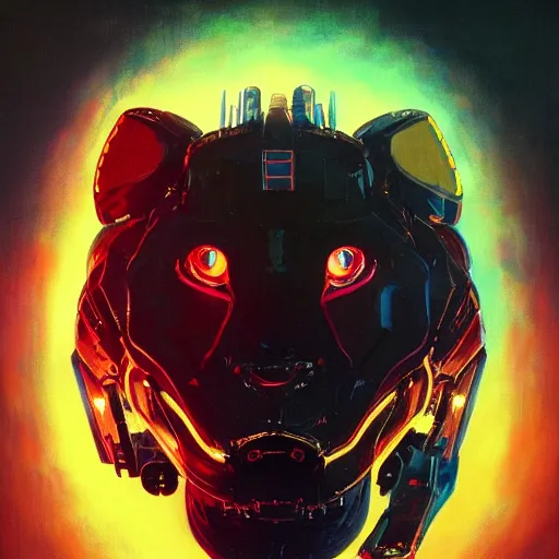 Image similar to a dark and colorful close - up of a sci - fi mecha lion robot with led lights glowing fog in the background. highly detailed science fiction painting by norman rockwell, frank frazetta, and syd mead. rich colors, high contrast, gloomy atmosphere, dark background. trending on artstation