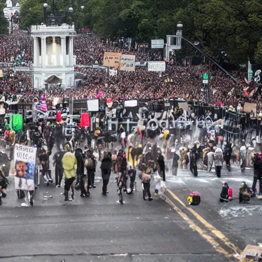 Image similar to 8 k uhd pictures as bunch of sewer rats, protest, animals, front white house, wet, cinematic, higly photorealistic details, highly details form, highly details content