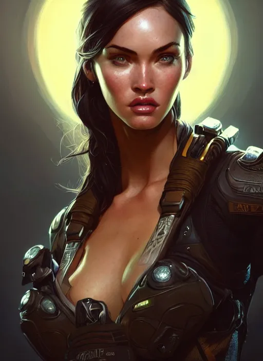 Image similar to portrait of apex legends megan fox, intricate, elegant, glowing lights, highly detailed, digital painting, artstation, glamor pose, concept art, smooth, sharp focus, illustration, art by artgerm and greg rutkowski, artey freytag