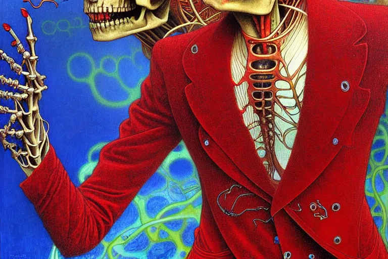 Image similar to realistic detailed closeup portrait painting of a single skeleton wearing red velvet blazer in a crowded futuristic moscow street by Jean Delville, Amano, Yves Tanguy, Alphonse Mucha, Ernst Haeckel, Edward Robert Hughes, Roger Dean, rich moody colours, blue eyes