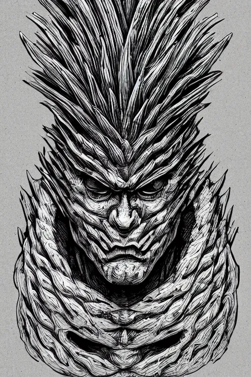 Prompt: pineapple humanoid figure monster, symmetrical, highly detailed, digital art, sharp focus, trending on art station, kentaro miura manga art style