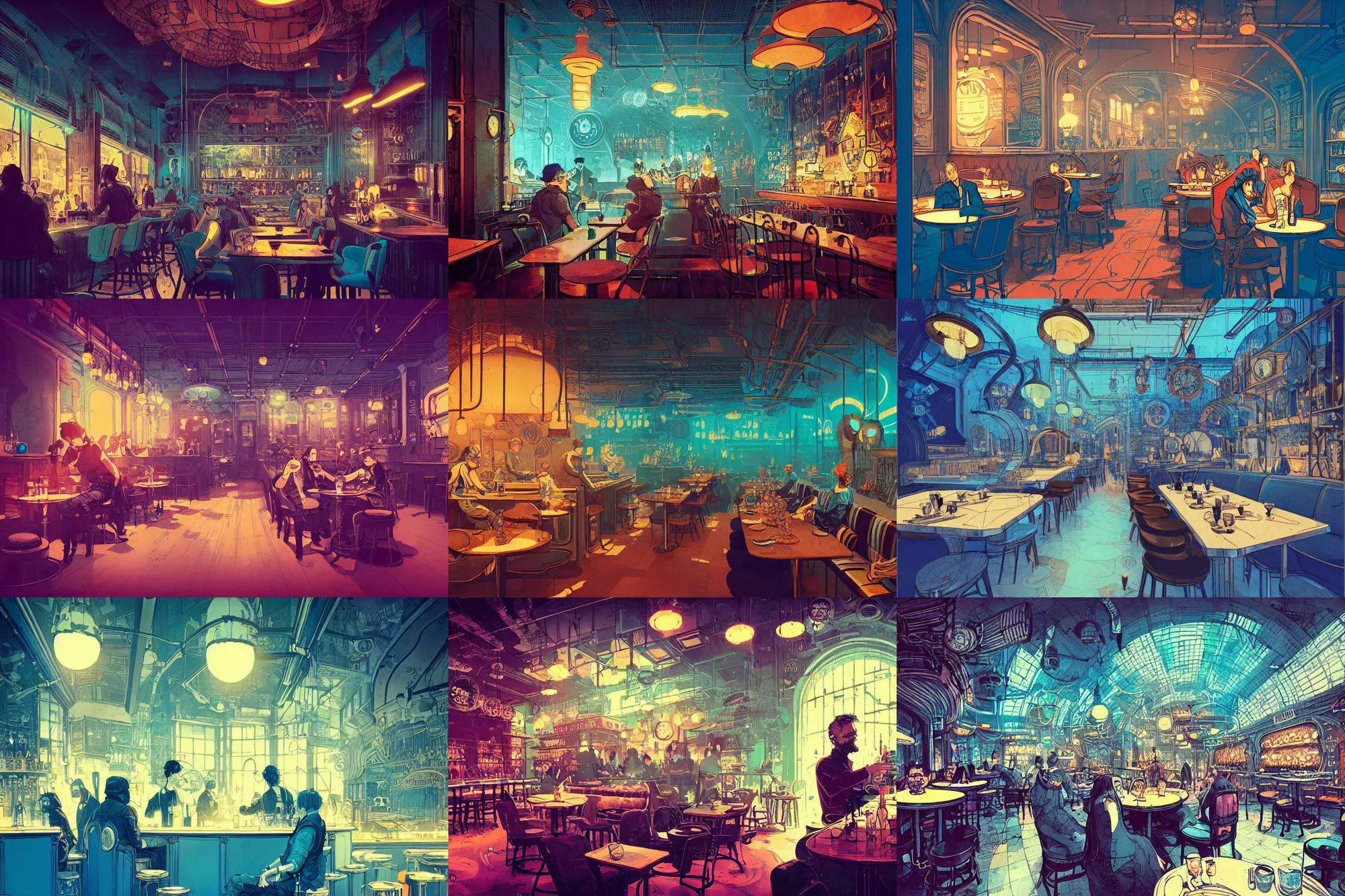 Prompt: inked illustrated portrait steampunk cafe interior, colorful, mads berg, christopher balaskas, victo ngai, rich texture, detailed, dynamic composition, wide angle, blue filter, noisy gradients