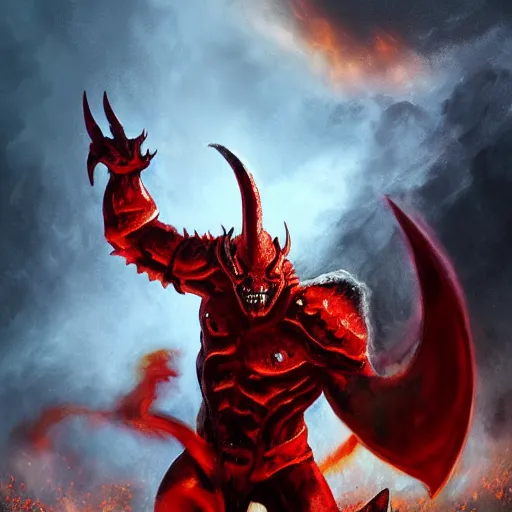 Image similar to surtur as khorne, artstation hall of fame gallery, editors choice, #1 digital painting of all time, most beautiful image ever created, emotionally evocative, greatest art ever made, lifetime achievement magnum opus masterpiece, the most amazing breathtaking image with the deepest message ever painted, a thing of beauty beyond imagination or words