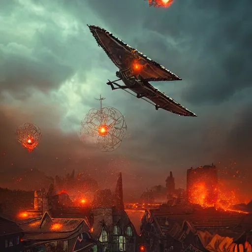 Prompt: a flying steampunk fortress, intricate, behrens style, octane render, fantasy digital art, beautiful composition, trending on artstation, night, meteors, lightning!!! storm, dramatic lighting, red glow, eldritch