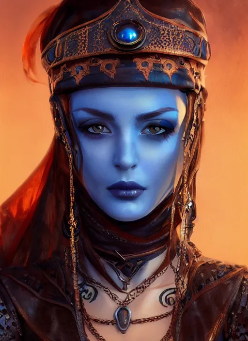 Prompt: Beautiful Arab girl with blue eyes, leather, portrait, fantasy, medieval, vivid colors, fantasy, elegant, concept art, sharp focus, beautiful face, digital art, Hyper-realistic, 4K, Unreal Engine, Highly Detailed, HD, Dramatic Lighting by Brom, trending on Artstation