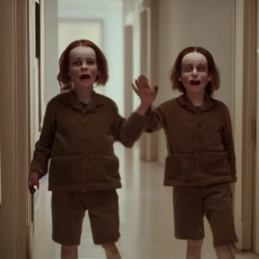 Image similar to the twins from the shining in the hallway waving to danny torrance 4 k photorealism