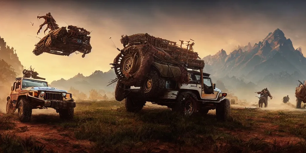 Image similar to Mahindra thar, malayalis attacking, furious action scene, an epic fantasy, dramatic lighting, cinematic, establishing shot, extremely high detail, photorealistic, cinematic lighting, matte painting, artstation, by simon stalenhag, horizon zero dawn