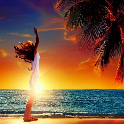 Image similar to young womens in paradise at the sea, golden hour ,joyfulness ,peaceful, holy spirit, joy, guardian angel, space as wall paper, dramatic,,,8k, ultrarealistic , highst resolution