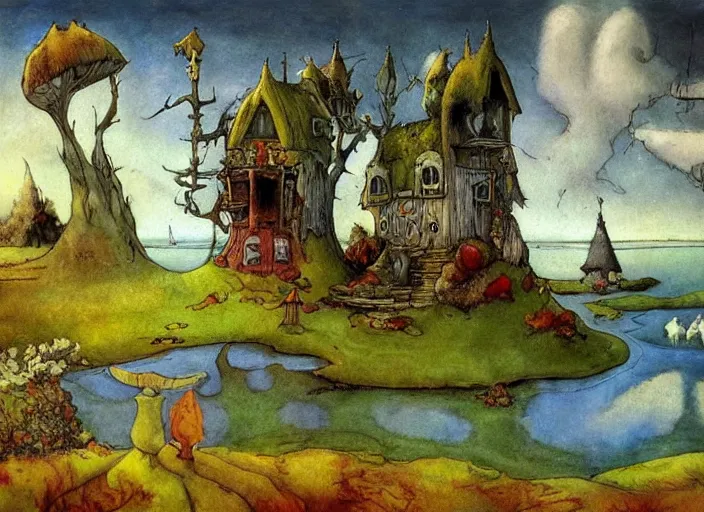 Image similar to a fantasy landscape with houses around a big lake, lowbrow in the style of alexander jansson and john bauer and francisco de goya,