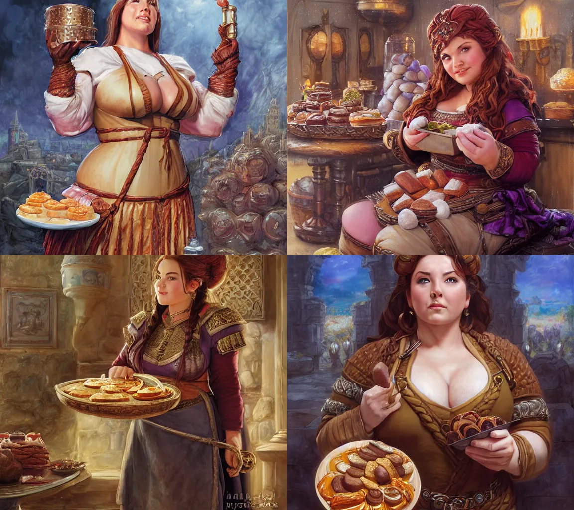 Prompt: plump female dwarven royal cook holding a tray with baked sweets| complex braided hairstyle | hyperdetailed | donato giancola, ralph horsley | waist-up portrait | tubby broad body| dungeons and dragons | in the kitchen |