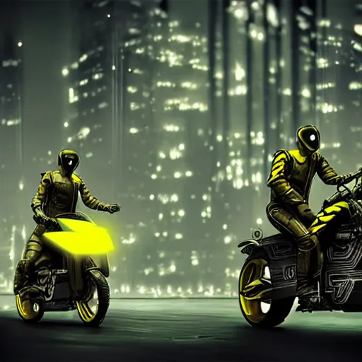 Image similar to cyber motorbikers by pascal blanche, black and yellow, dark neon trimmed beautiful dystopian digital art