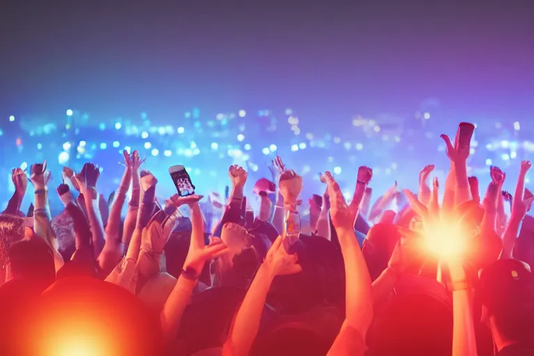 Image similar to crowd partying with their hands up at a festival, some lighters in the air, some cellphones in the air filming, silhouette, digital art, trending on artstation, 4k, unreal engine, intricate, ornate