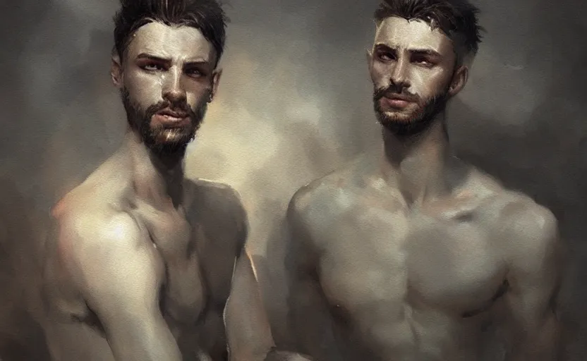 Prompt: a painting of the all father trending on artstation in the style of greg rutkowski, beautiful, young male, sensual, wise, natural skin, leader, 1 9 0 0 s, industrialization, toga