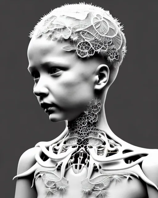 Image similar to bw 3 d render, stunning beautiful little girl angelic cute biomechanical albino female cyborg with a porcelain profile face, rim light, big leaves and stems, roots, fine foliage lace, alexander mcqueen, art nouveau fashion embroidered collar, steampunk, silver filigree details, hexagonal mesh wire, mandelbrot fractal, elegant, artstation trending