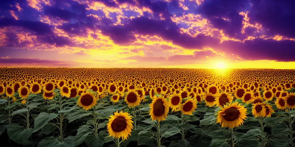 Image similar to a beautiful landscape photo of sunflowers, cinematic atmospheric golden hour