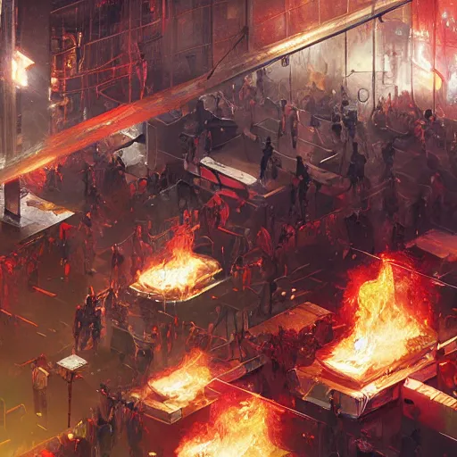 Prompt: human rights riot, detailed digital illustration by greg rutkowski, fire, android netrunner