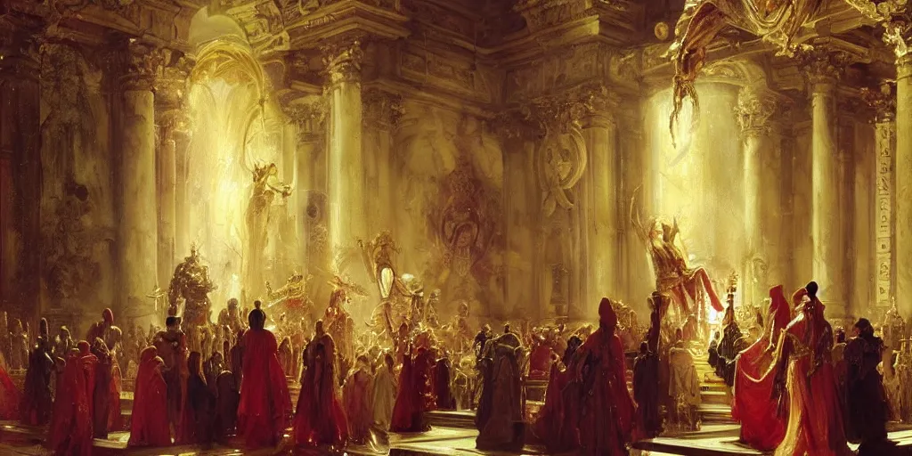 Image similar to beautiful oil painting, high details, alien in royal crimson robes enthroned as the alien god emperor of ancient civilization surrounded by servants in gilded halls a golden wreath upon his head, by anders zorn, wonderful masterpiece by greg rutkowski, beautiful cinematic light, american romanticism, by thomas lawrence, greg rutkowski