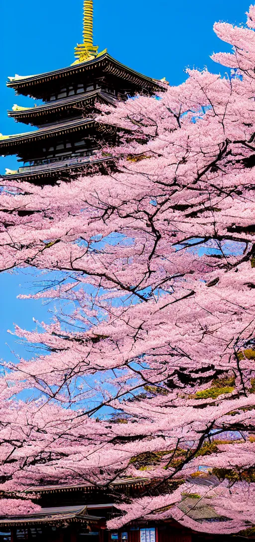 Image similar to a Shinto temple surrounded by a Sakura garden, mount Fuji in the background, stunning japanese aesthetics, studio photography, highly detailed