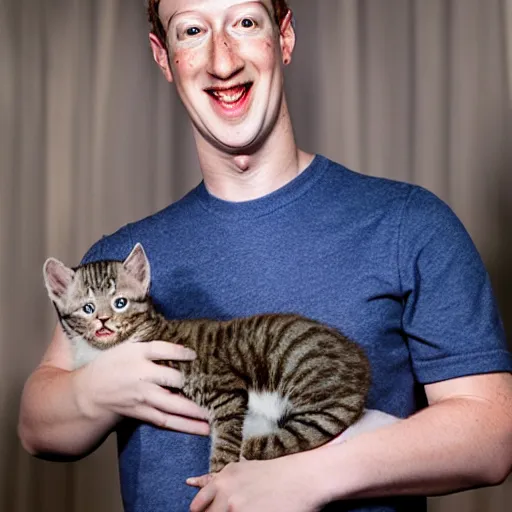 Prompt: animatronic Mark Zuckerberg with kitten, exposed mechanics, photo, Stan Winston studios, detailed, 4k