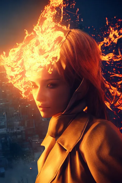 Prompt: beautiful blonde woman the body completely covered in flames with a long jacket behind her a city during the end of the world, realistic, high definition, many details, symmetrical face, realistic eyes, art of unreal engine 5