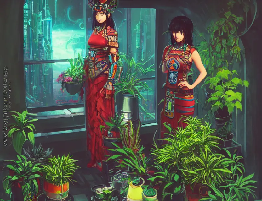 Prompt: aztec scifi alchemist in a well - lit study with potted plants, wearing a lovely dress with cyberpunk elements. this oil painting by the award - winning mangaka has an interesting color scheme and impeccable lighting.