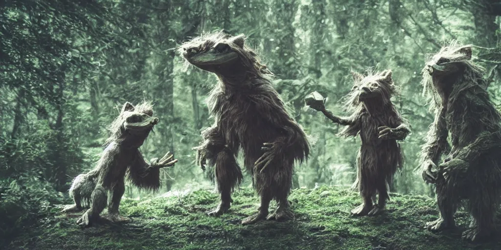 Prompt: A scene from a film in the style of The Dark Crystal, Jim Henson Puppets, realistic, furry creatures, castle, forest, fantasy, cinematic style, 35mm, film post process