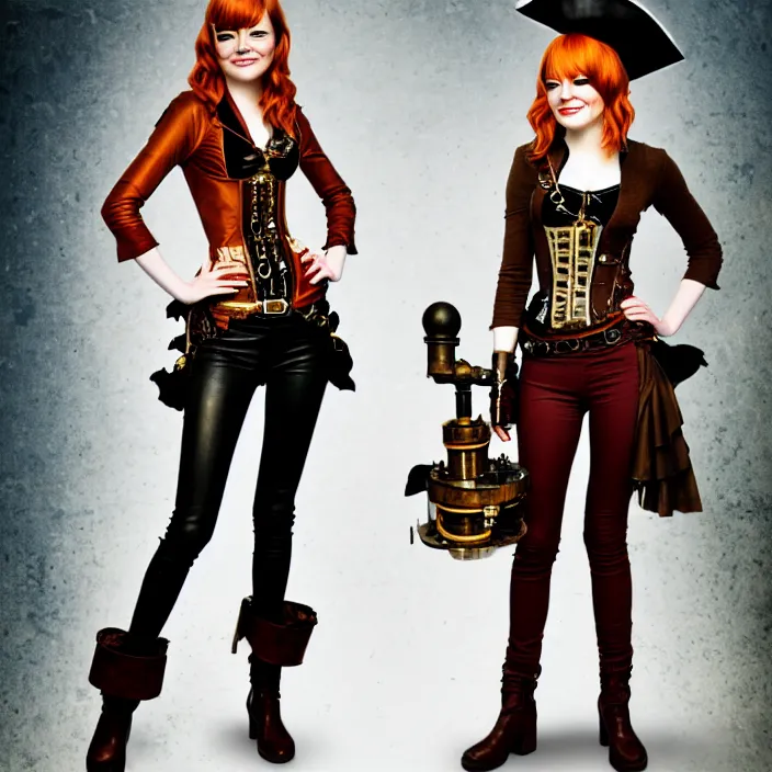 Image similar to full body photograph of emma stone as a steampunk pirate. Extremely detailed. 8k