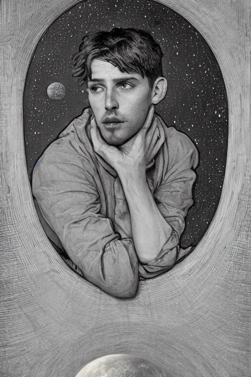 Prompt: a realistic detail portrait of A handsome young male nobleman, leaned against a large domed window, the moon cast on the man, the man looked up, The middle ages, The window reflected the starry sky, shining star, raining, goth, wide-angle lens, by Alphonse Mucha, Wolp, Sparth, Mark Brooks, Brad Kunkle, Vincent di fate, Paul-chadeisson, Dylan Cole, Jin Kim,Denis Villeneuve, Ben Nicholas, Anton Fadeev, thomas kinkade, rutkowski, Finnian MacManus, Syd Mead, Tsutomu Kitazawa, black and red scheme, 8k, Unreal Engine 5