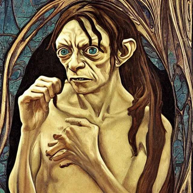 Prompt: a painting of gollum, art nouveau, detailed 8 k, from 1 9 2 7, beautiful