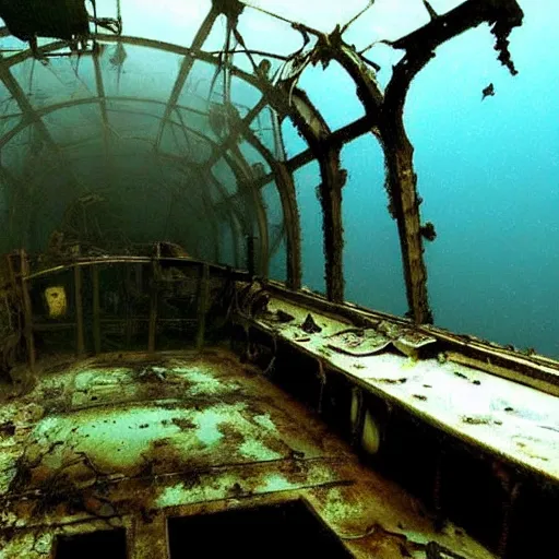 Prompt: inside of a rusty shipwreck, underwater, creepy, horror, eerie, scary,