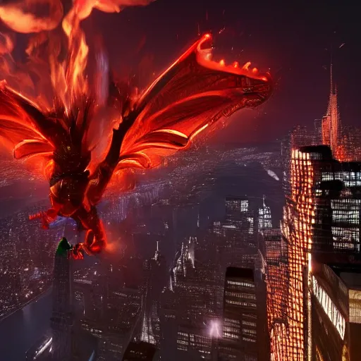 Image similar to a black dragon with red eyes, and flaming fire out his mouth, flying through the sky, above new york city. Unreal Engine, Cinematic, 8K hyperrealistic, live-action.