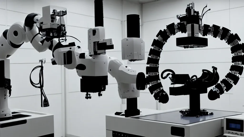 Image similar to a complex bifurcated robotic cnc surgical arm hybrid mri 3 d printer machine making black and white ceramic mutant forms in the laboratory inspection room, film still from the movie directed by denis villeneuve with art direction by salvador dali, wide lens