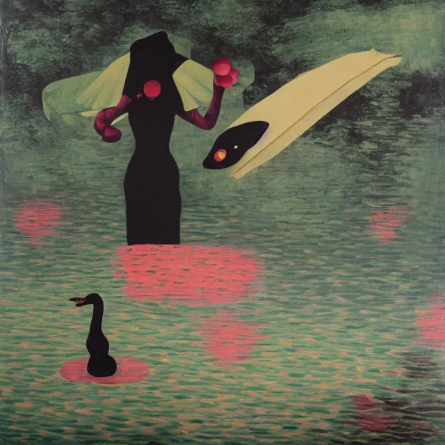 Image similar to painting of flood waters, zen, a tall catgirl art student, a river flooding inside, art supplies, pigs, ikebana, water, river, rapids, waterfall, black swans, canoe, pomegranate, berries dripping, acrylic on canvas, surrealist, by magritte and monet