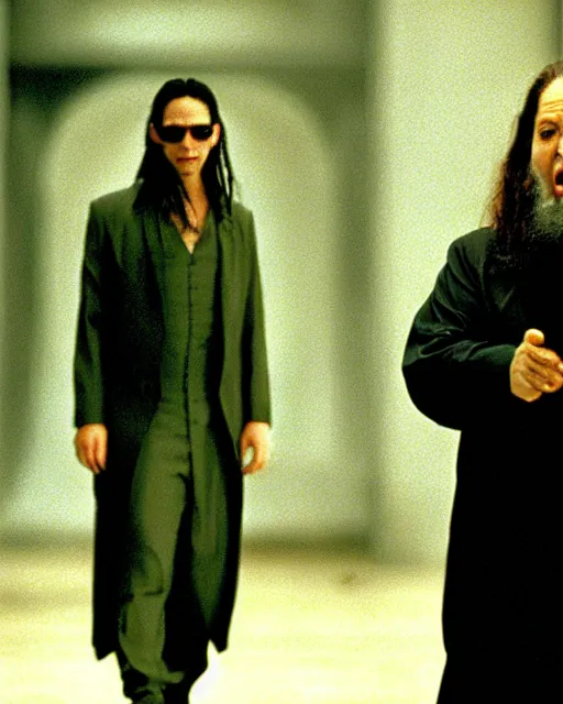 Prompt: Richard Stallman as Neo in The Matrix (1999), movie still