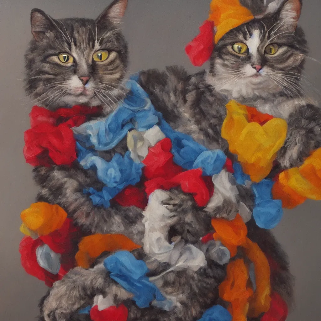 Prompt: oil painting of a cat in a clown suit