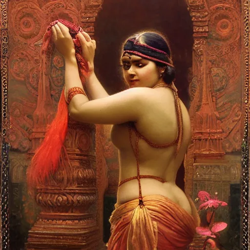 Image similar to detailed full body of hindu traditional woman blindfolded by high - tech vr headset, girl graceful,, painting by gaston bussiere, craig mullins, j. c. leyendecker, lights, art by ernst haeckel, john william godward, hammershøi,,