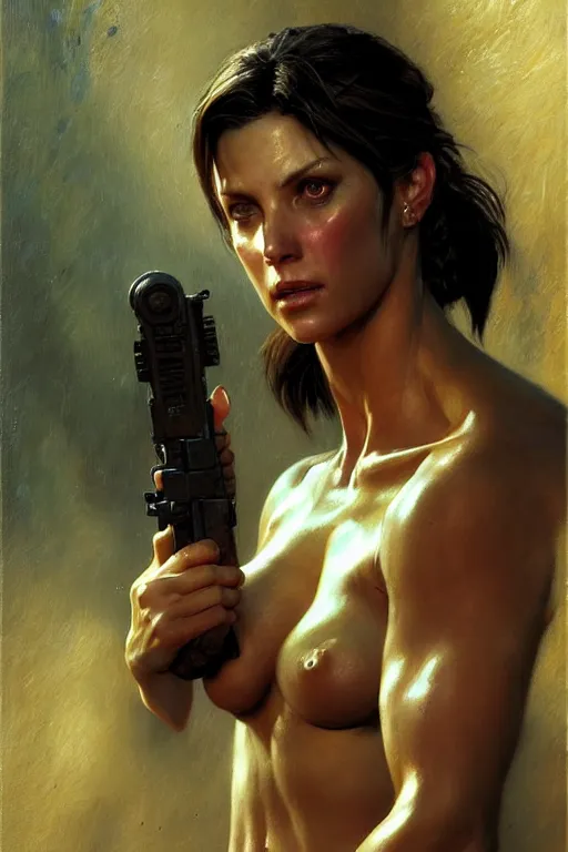 Image similar to muscular sweat jill valentine, covers with mud exhausted face close up, highly detailed painting by gaston bussiere, craig mullins, j. c. leyendecker 8 k