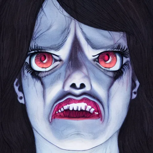 Prompt: a satanic screaming woman with bloody eyes by martine johanna and glen keane, macabre