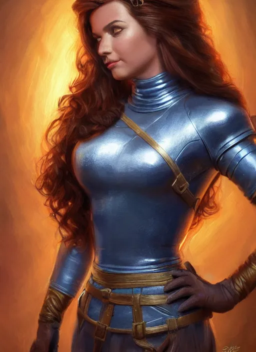 Image similar to beautiful female dorothy gale, rebecca romijn as dorothy, full body character concept, covered in full leather armor, armor plating, art nouveau, super powers, fantasy, intricate, elegant, highly detailed, digital painting, artstation, concept art, shining, sharp focus, illustration, art by stanley lau