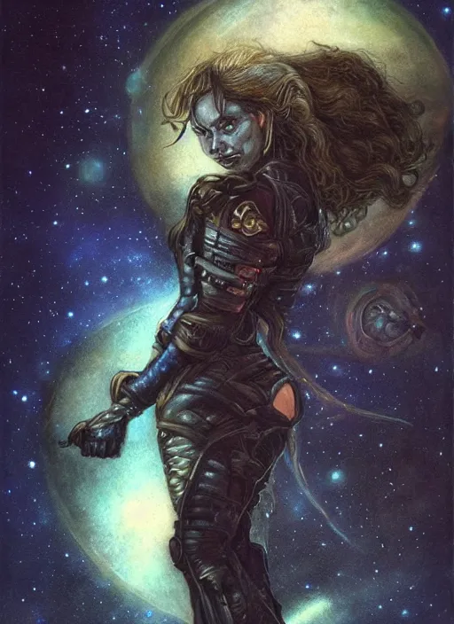 Image similar to portrait of female space pirate, night sky background, beautiful! coherent! by brom, by brian froud, deep color, strong line, high contrast