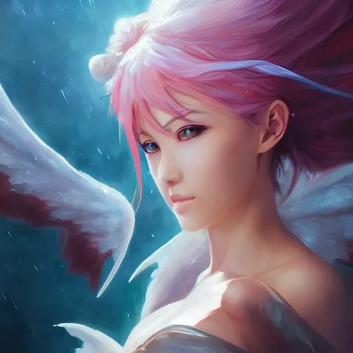 Image similar to an oil painting of a beautiful anime girl with demon wings, by artgerm, wlop and greg rutkowski, hd, hdr, ue 5, ue 6, unreal engine 5, cinematic 4 k wallpaper, 8 k, ultra detailed, high resolution, artstation, award winning