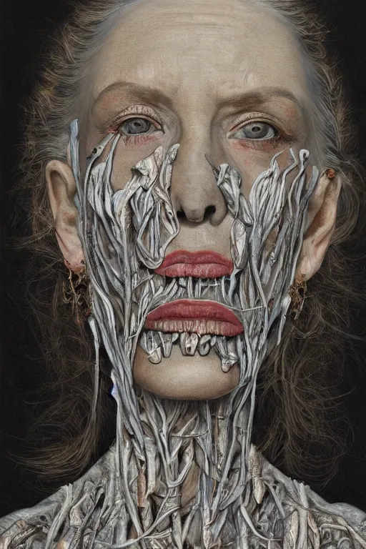 Prompt: Detailed maximalist portrait of a beautiful old woman with large lips and eyes, scared expression, botanical skeletal with extra flesh, HD mixed media, 3D collage, highly detailed and intricate, surreal illustration in the style of Jenny Saville, dark art, baroque, centred in image