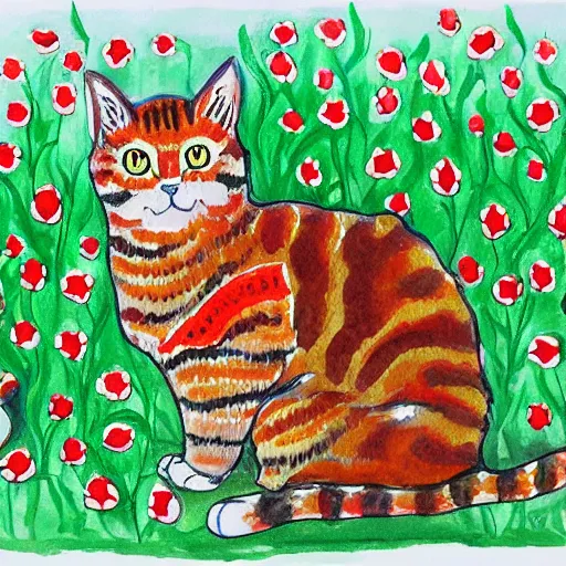 Prompt: inkwash watercolour louis wain cat drinking tea at poppy field