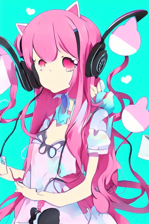 Prompt: an anime catgirl listening to music on headphones, candy pastel, backlighting, trending on pixiv